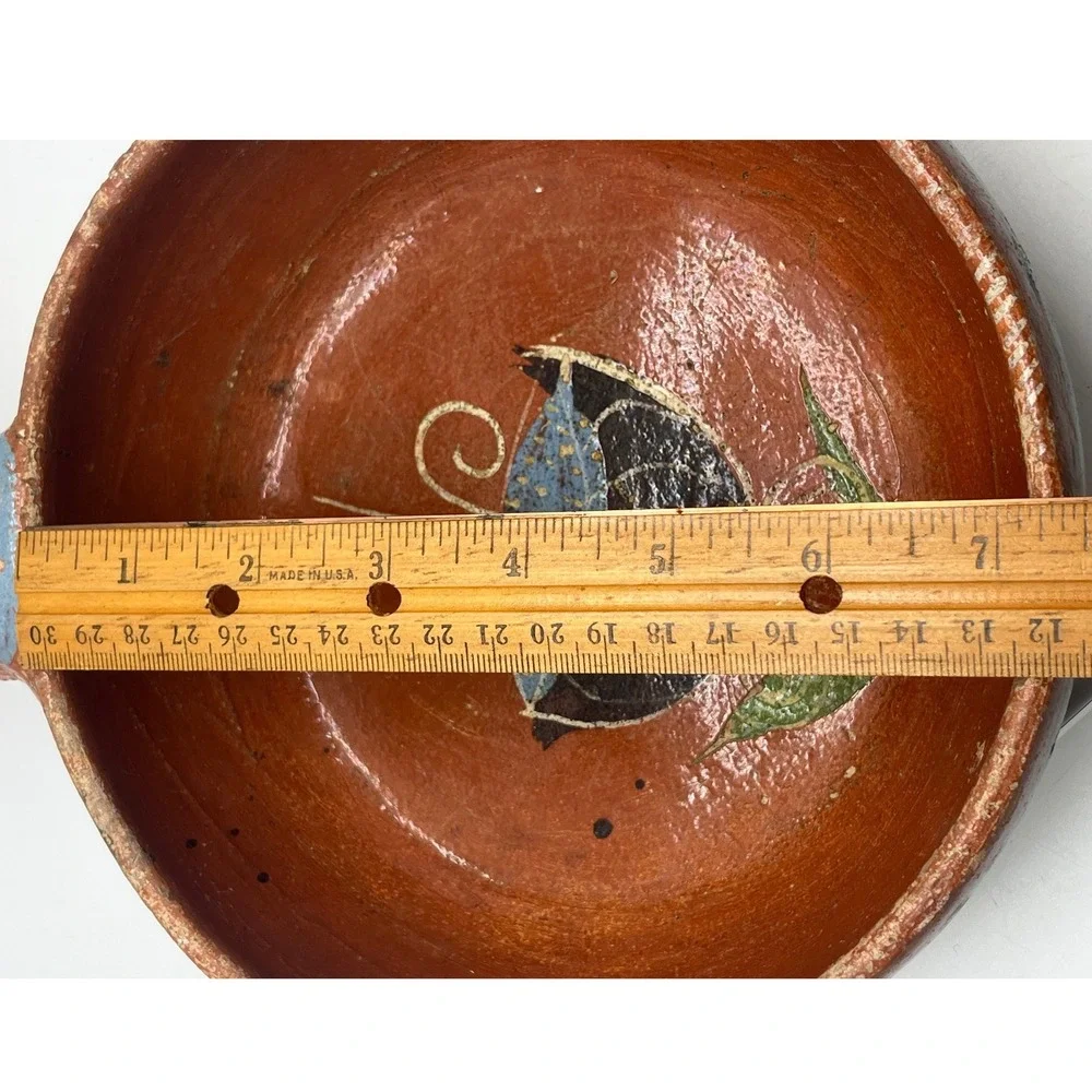 Vintage HECHO EN MEXICO Redware Pottery‎ Serving Bowl Hand-made Painted
